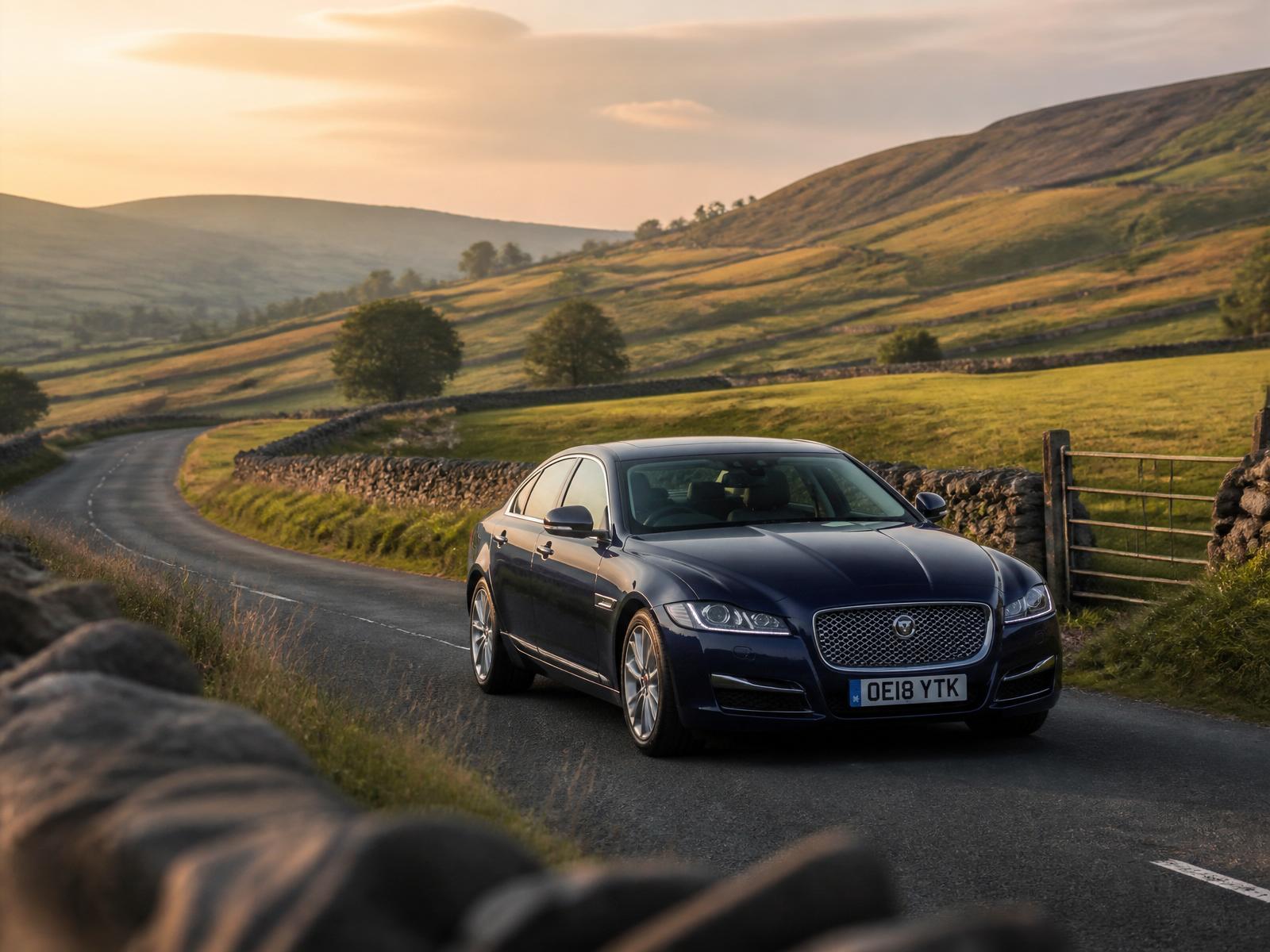 Executive saloon on a Derbyshire country road at golden hour